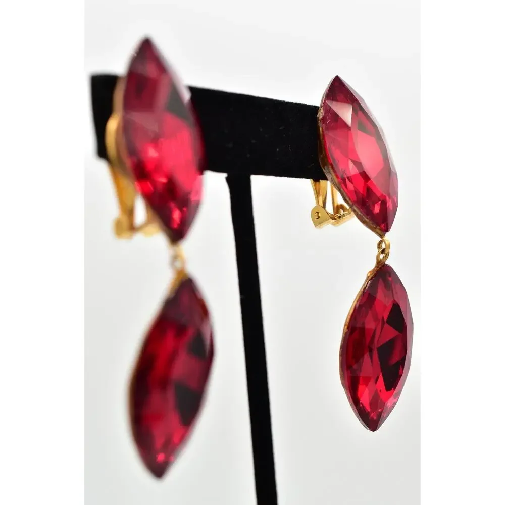 Vintage Red Crystal Clip On Earrings Drop Dangle Chunky Sparkling 1980s BinBK